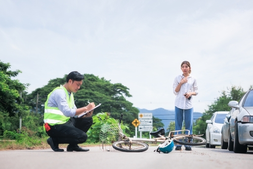Accident Crash Or Collision Of Auto Car Bicycle At Outdoor.